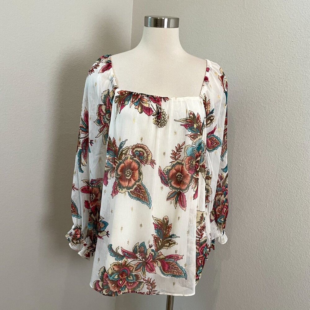 JM Collection Womens Plus 2X Peasant Top Square Neckline Long Sleeve Blouse Top